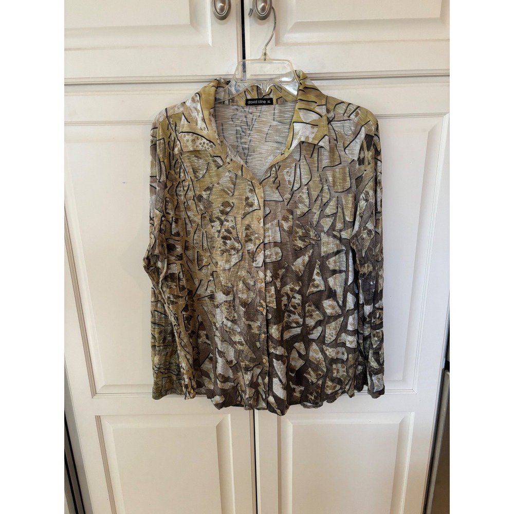 David Cline Women XL Dijon Abstract Print Rhinestone Button Down Top 3300B